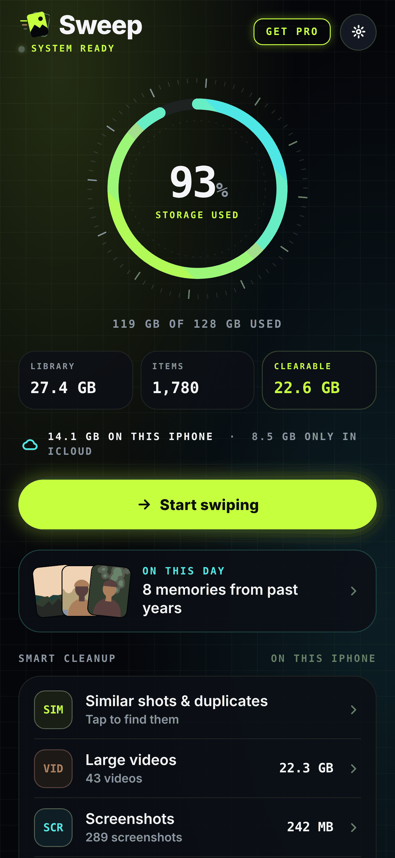 Sweep home screen showing storage used and what can be cleared